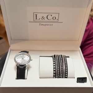 L & Co. Timepiece with Black Leather Strap and Rhinestone Wrap Bracelet